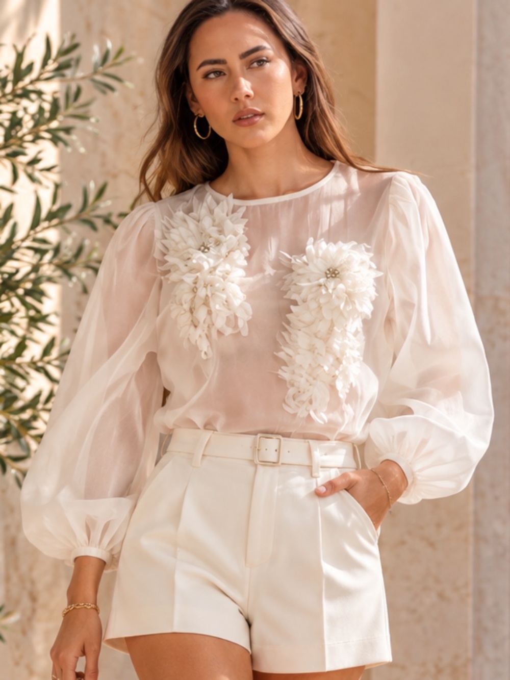 SM283 | Elegant 3D Floral Sheer Statement Top | Ivory